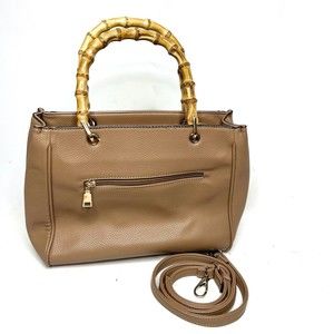 Amanda Blu Tan Brown Handbag Purse with Double Wooden Handles & Detachable Strap